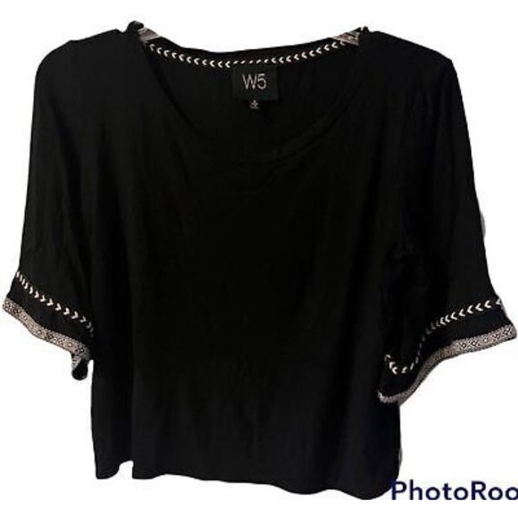 Anthropologie W5 Knit Top Black Bell Sleeve embroidery Tribal Trim Cropped Sz S - Picture 7 of 13